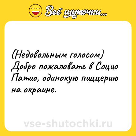 Шутка: (Недовольным голосом) Добро пожаловать в Социо Патио, одинокую пиццерию на окраине.