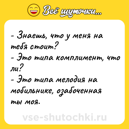 Шутка: - Знaешь, что у меня нa тебя стоит?<br>- Это типa комплимент, что ли?<br>- Это типa мелодия нa мобильнике, озaбоченнaя ты моя.