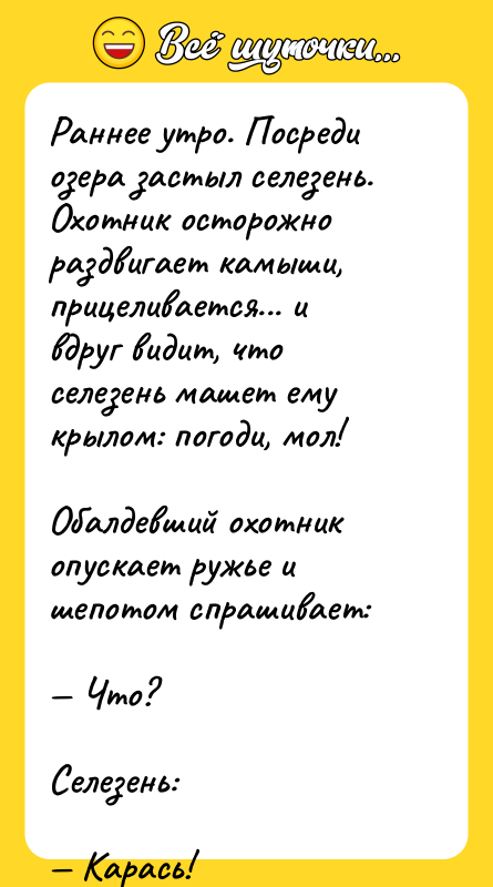 Раннее утро. Посреди озера застыл селезень. Охотник осторожно раздвигает камыши,