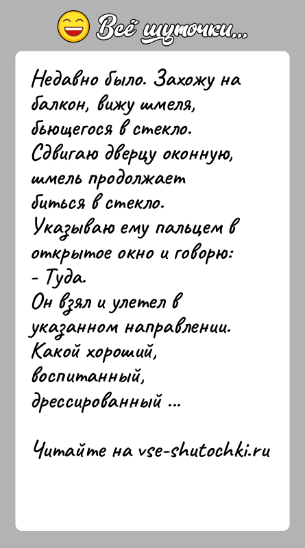 История: Недавно было. Захожу на балкон, вижу шмеля, бьющегося в стекло. Сдвигаю дверцу оконную, шмель продолжает биться в стекло. Указываю ему