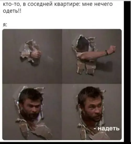 Когда соседи слишком громко жалуются 👊😂 - кто-то, в соседней квартире: мне нечего одеть!! я: - надеть