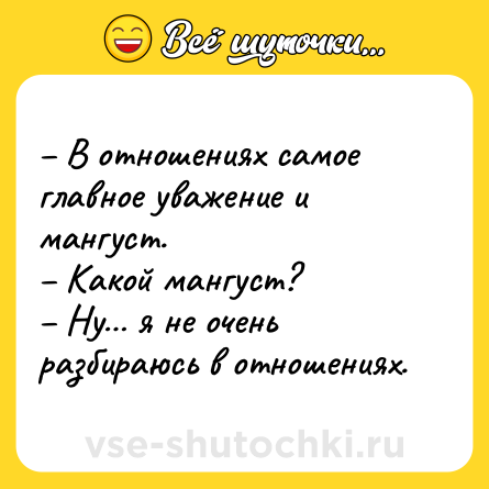 Шутка: – В отношениях самое главное уважение и мангуст.<br>– Какой мангуст?<br>– Ну… я не очень разбираюсь в отношениях.