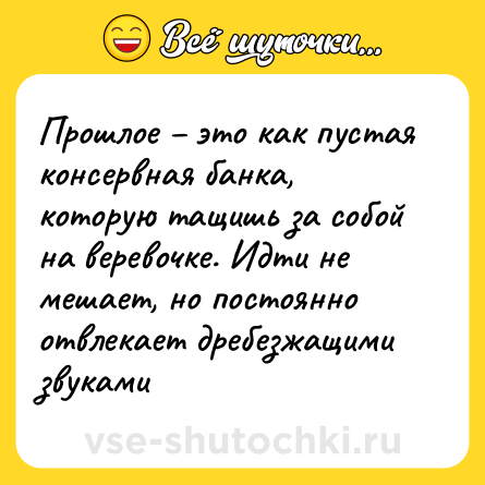 Шутка: Прошлое – это как пустая консервная банка, которую тащишь за собой на веревочке. Идти не мешает, но постоянно отвлекает дребезжащими звуками
