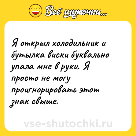Шутка: Я открыл холодильник и бутылка виски буквально упала мне в руки. Я просто не могу проигнорировать этот знак свыше.