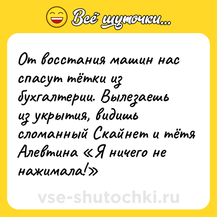 Шутка: От восстания машин нас спасут тётки из бухгалтерии. Вылезаешь из укрытия, видишь сломанный Скайнет и тётя Алевтина «Я ничего не нажимала!»