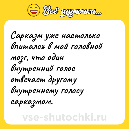 Шутка: Сарказм уже настолько впитался в мой головной мозг, что один внутренний голос отвечает другому внутреннему голосу сарказмом.