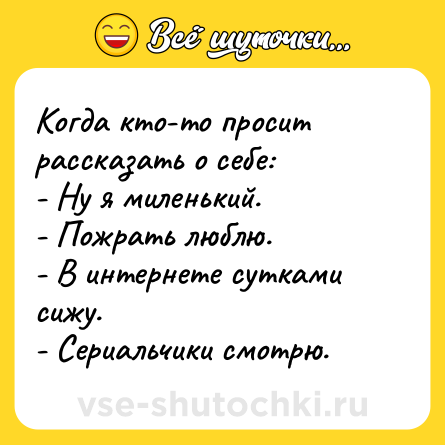 Шутка: Когда кто-то просит рассказать о себе:<br>- Ну я миленький.<br>- Пожрать люблю.<br>- В интернете сутками сижу.<br>- Сериальчики смотрю.