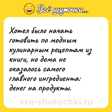 Шутка: Хотел было начать готовить по модным кулинарным рецептам из книги, но дома не оказалось самого главного ингредиента: денег на продукты.