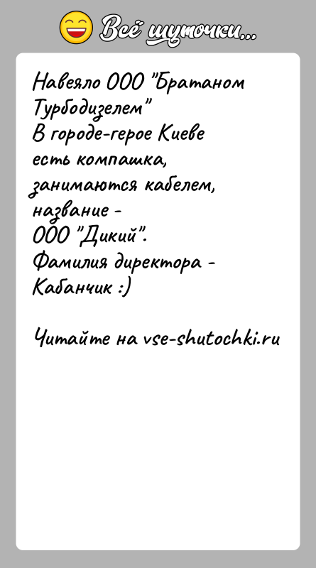 История: Навеяло ООО Братаном Турбодизелем В городе-герое Киеве есть компашка, занимаются кабелем, название -ООО Дикий .Фамилия директора - Кабанчик :)