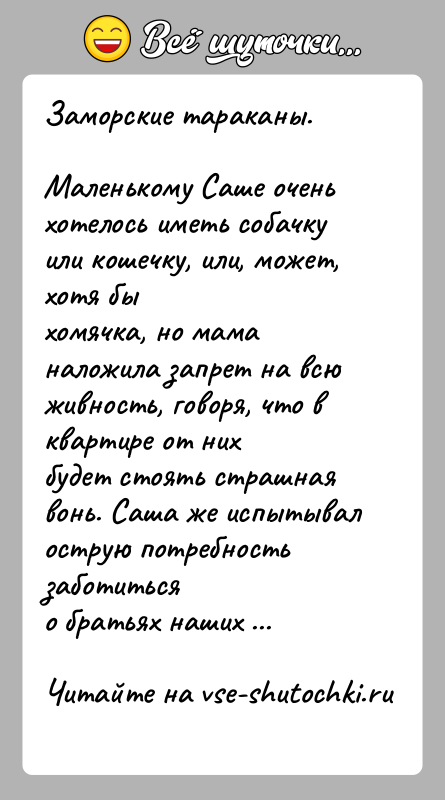 История: Заморские тараканы.Маленькому Саше очень хотелось иметь собачку или кошечку, или, может, хотя быхомячка, но мама наложила запрет на всю живность,