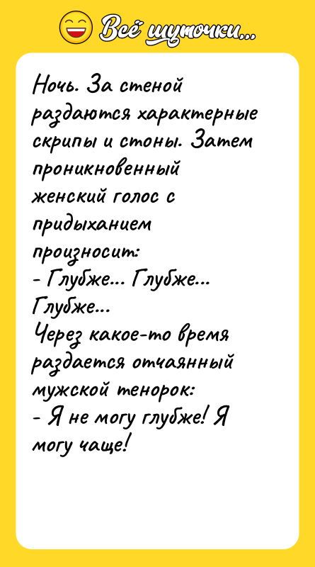 Ночь. За стеной раздаются характерные скрипы и стоны. Затем проникновенный