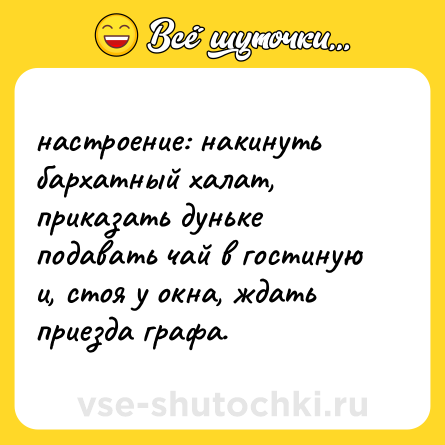 Шутка: настроение: накинуть бархатный халат, приказать дуньке подавать чай в гостиную и, стоя у окна, ждать приезда графа.