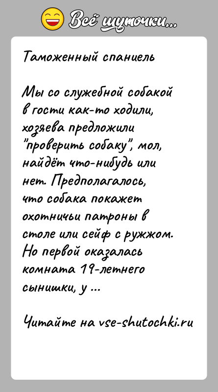 История: Таможенный спаниельМы со служебной собакой в гости как-то ходили, хозяева предложили проверить собаку , мол, найдёт что-нибудь или нет. Предполагалось, что