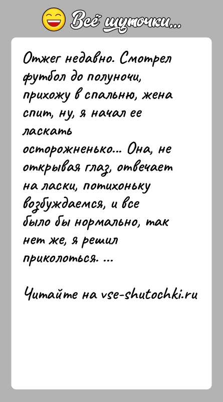 История: Отжег недавно. Смотрел футбол до полуночи, прихожу в спальню, жена спит, ну, я начал ее ласкать осторожненько... Она, не открывая