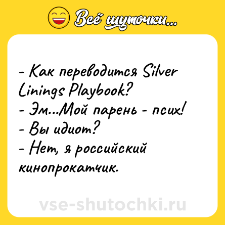 Шутка: - Как переводится Silver Linings Playbook?  <br>- Эм...Мой парень - псих! <br>- Вы идиот?  <br>- Нет, я российский кинопрокатчик.