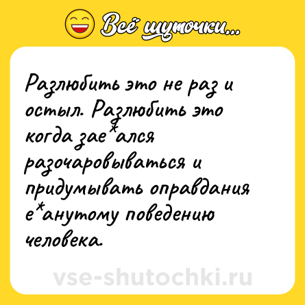Шутка: Разлюбить это не раз и остыл. Разлюбить это когда зае*ался разочаровываться и придумывать оправдания е*анутому поведению человека.