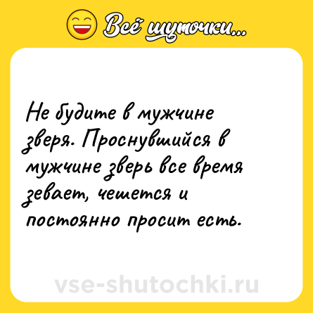 Шутка: Не будите в мужчине зверя. Проснувшийся в мужчине зверь все время зевает, чешется и постоянно просит есть.