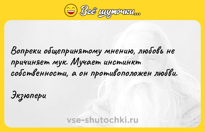 Цитата: Вопреки общепринятому мнению, любовь не причиняет мук. Мучает инстинкт собственности, а он противоположен любви.Экзюпери