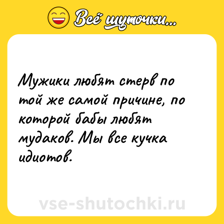 Шутка: Мужики любят стерв по той же самой причине, по которой бабы любят мудаков. Мы все кучка идиотов.