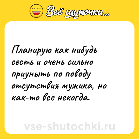 Шутка: Планирую как нибудь сесть и очень сильно приуныть по поводу отсутствия мужика, но как-то все некогда.