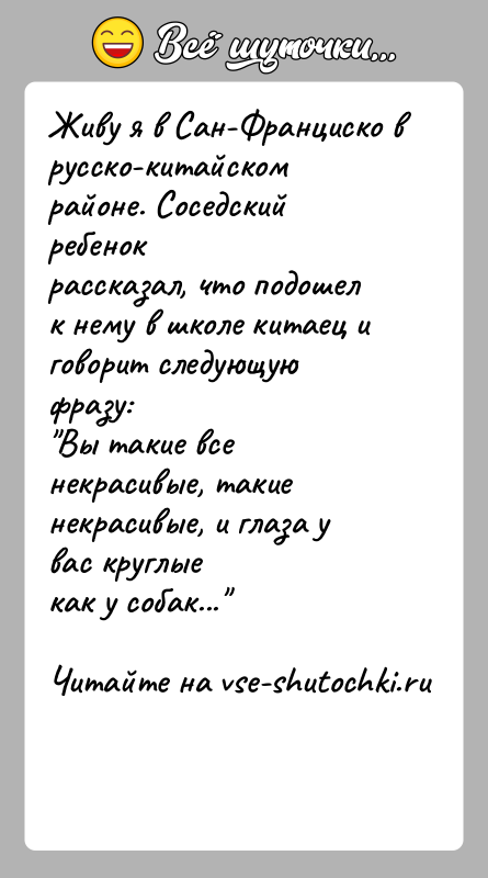 История: Живу я в Сан-Франциско в русско-китайском районе. Соседский ребенокрассказал, что подошел к нему в школе китаец и говорит следующую фразу: Вы
