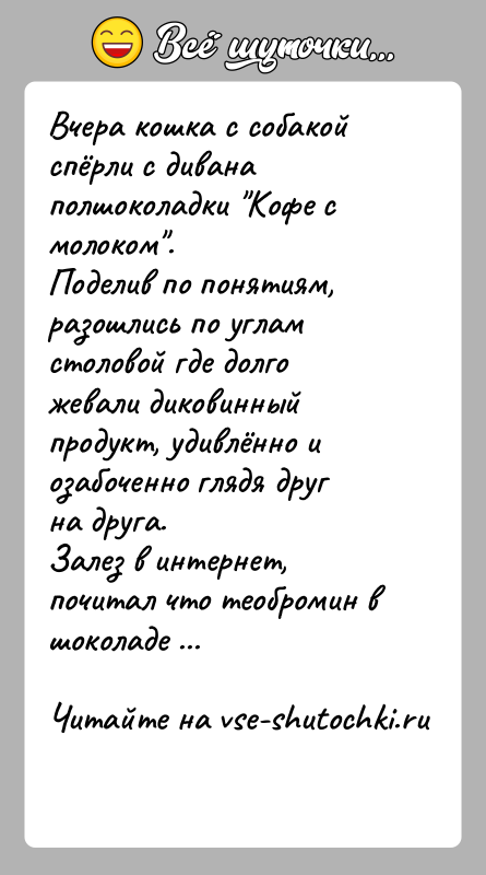 История: Вчера кошка с собакой спёрли с дивана полшоколадки Кофе с молоком . Поделив по понятиям, разошлись по углам столовой где долго