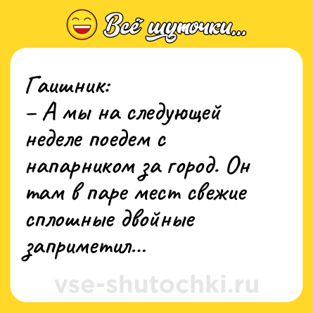 Шутка: Гаишник:<br>– А мы на следующей неделе поедем с напарником за город. Он там в паре мест свежие сплошные двойные заприметил…