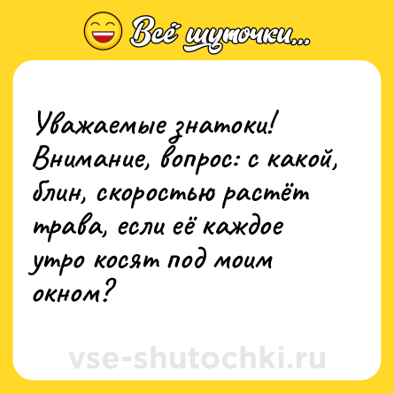 Шутка: Уважаемые знатоки! Внимание, вопрос: c какой, блин, скоростью растёт трава, если её каждое утро косят под моим окном?