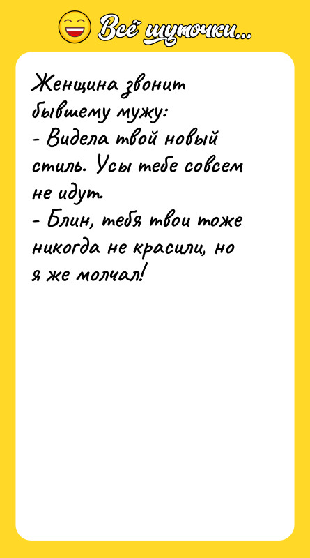 Женщина звонит бывшему мужу: - Видела твой новый стиль. Усы