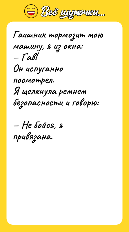 Гаишник тормозит мою машину, я из окна:  — Гав!