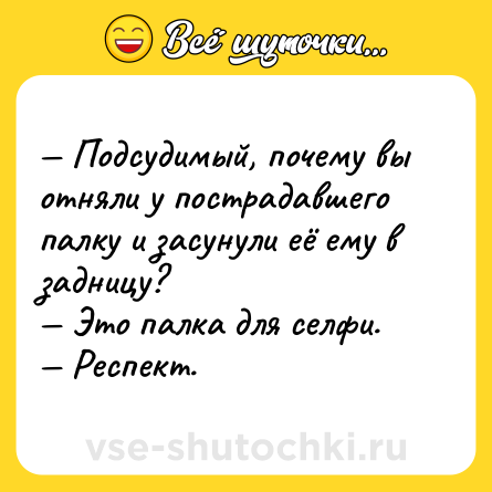 Шутка: — Подсудимый, почему вы отняли у пострадавшего палку и засунули её ему в задницу?<br>— Это палка для селфи.<br>— Респект.