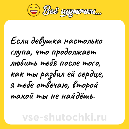 Шутка: Если девушка настолько глупа, что продолжает любить тебя после того, как ты разбил ей сердце, я тебе отвечаю, второй такой ты не найдёшь.