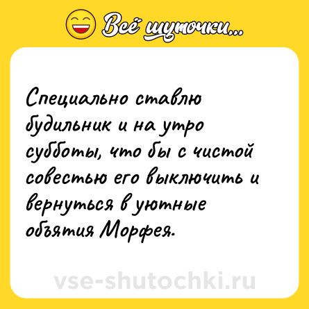 Шутка: Специально ставлю будильник и на утро субботы, что бы с чистой совестью его выключить и вернуться в уютные объятия Морфея.