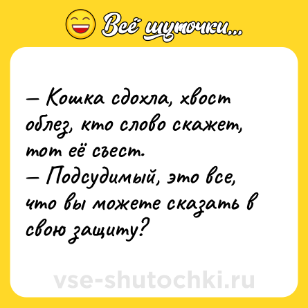 Шутка: — Кошка сдохла, хвост облез, кто слово скажет, тот её съест.<br>— Подсудимый, это все, что вы можете сказать в свою защиту?