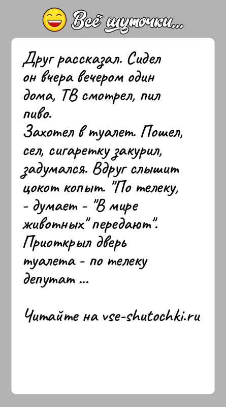 История: Друг рассказал. Сидел он вчера вечером один дома, ТВ смотрел, пил пиво.Захотел в туалет. Пошел, сел, сигаретку закурил, задумался. Вдруг