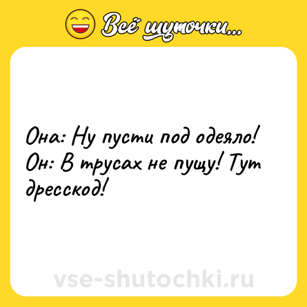 Шутка: Она: Ну пусти под одеяло!<br>Он: В трусах не пущу! Тут дресскод!