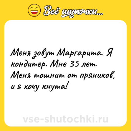 Шутка: Меня зовут Маргарита. Я кондитер. Мне 35 лет. <br>Меня тошнит от пряников, и я хочу кнута!