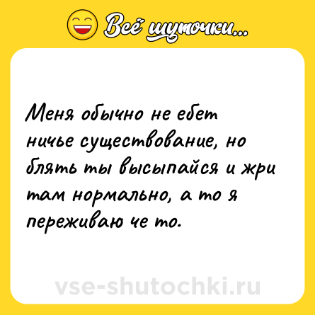 Шутка: Меня обычно не ебет ничье существование, но блять ты высыпайся и жри там нормально, а то я переживаю че то.