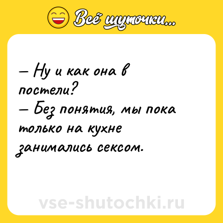 Шутка: — Ну и как она в постели?<br>— Без понятия, мы пока только на кухне занимались сексом.<br>
