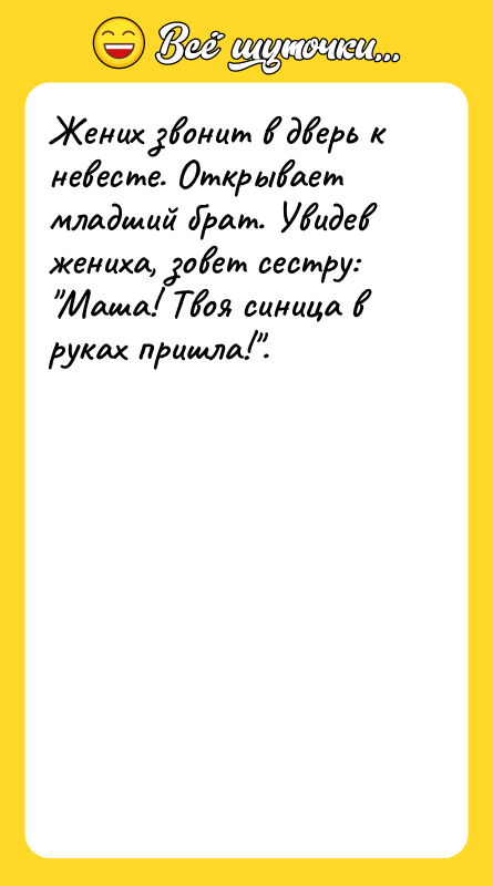 Жених звонит в дверь к невесте. Открывает младший брат. Увидев