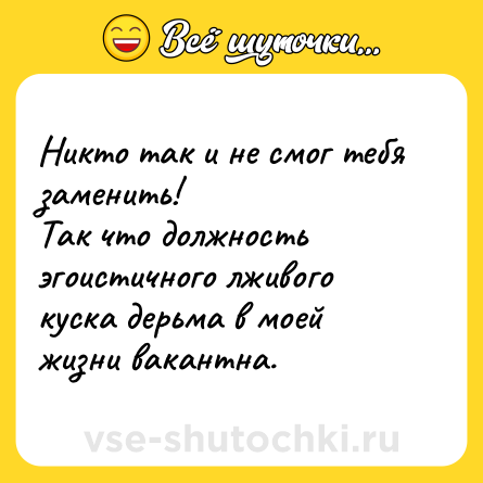 Шутка: Никто так и не смог тебя заменить! <br>Так что должность эгоистичного лживого куска дерьма в моей жизни вакантна.