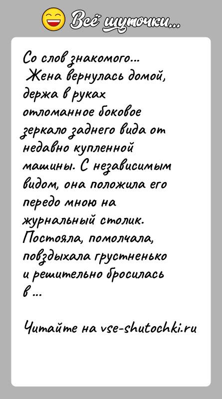 История: Со слов знакомого... Жена вернулась домой, держа в руках отломанное боковое зеркало заднего вида от недавно купленной машины. С независимым