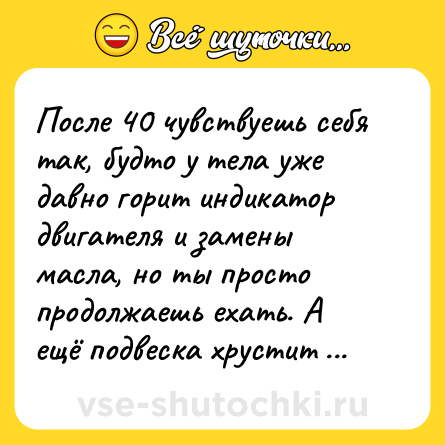 Шутка: После 40 чувствуешь себя так, будто у тела уже давно горит индикатор двигателя и замены масла, но ты просто продолжаешь ехать. А ещё подвеска хрустит и глушитель прогнил. О, да... И главное, ты боишься заехать на ТО, так как это влетит в о-о- огромную сумму.