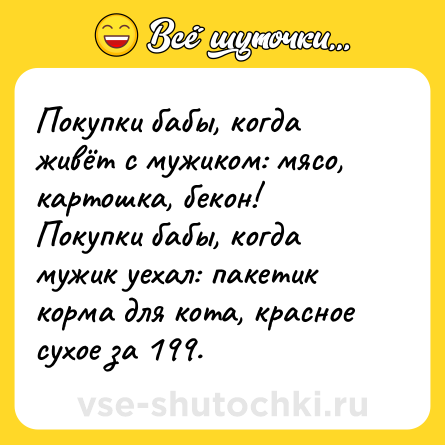 Шутка: Покупки бабы, когда живёт с мужиком: мясо, картошка, бекон! <br>Покупки бабы, когда мужик уехал: пакетик корма для кота, красное сухое за 199.
