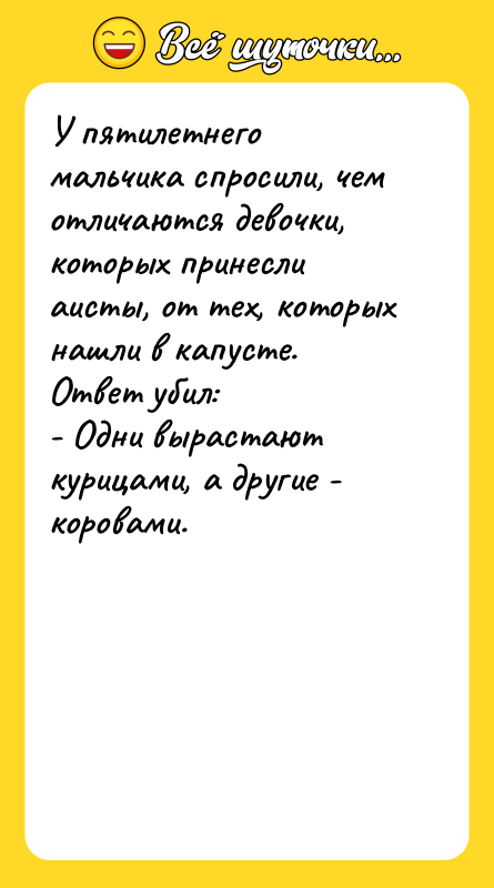 У пятилетнего мальчика спросили, чем отличаются девочки, которых принесли аисты,