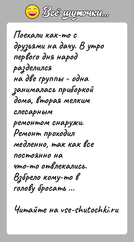 История: Поехали как-то с друзьями на дачу. В утро первого дня народ разделилсяна две группы - одна занималась приборкой дома, вторая