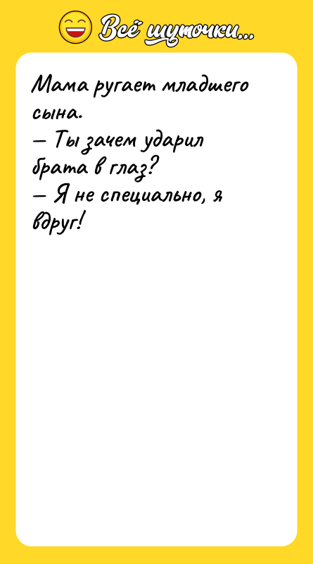 Шутка: Мама ругает младшего сына. Ты зачем ударил брата в глаз? Я не специально, я вдруг!