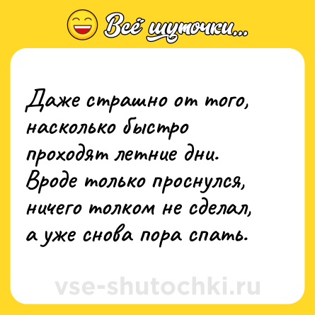Шутка: Даже страшно от того, насколько быстро проходят летние дни. Вроде только проснулся, ничего толком не сделал, а уже снова пора спать.
