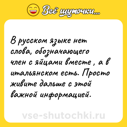 Шутка: В русском языке нет слова, обозначающего член с яйцами вместе , а в итальянском есть. Просто живите дальше с этой важной информацией.