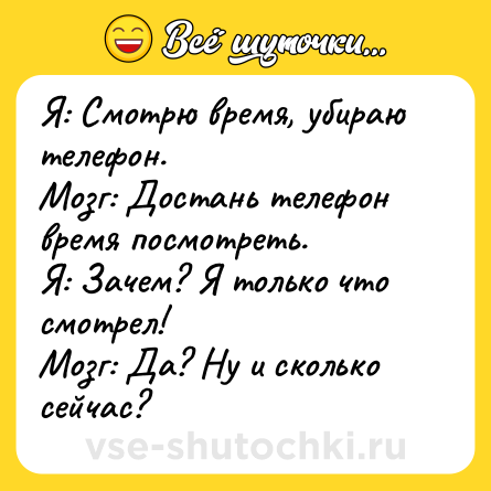 Шутка: Я: Смотрю время, убираю телефон.<br>Мозг: Достань телефон время посмотреть.<br>Я: Зачем? Я только что смотрел!<br>Мозг: Да? Ну и сколько сейчас?